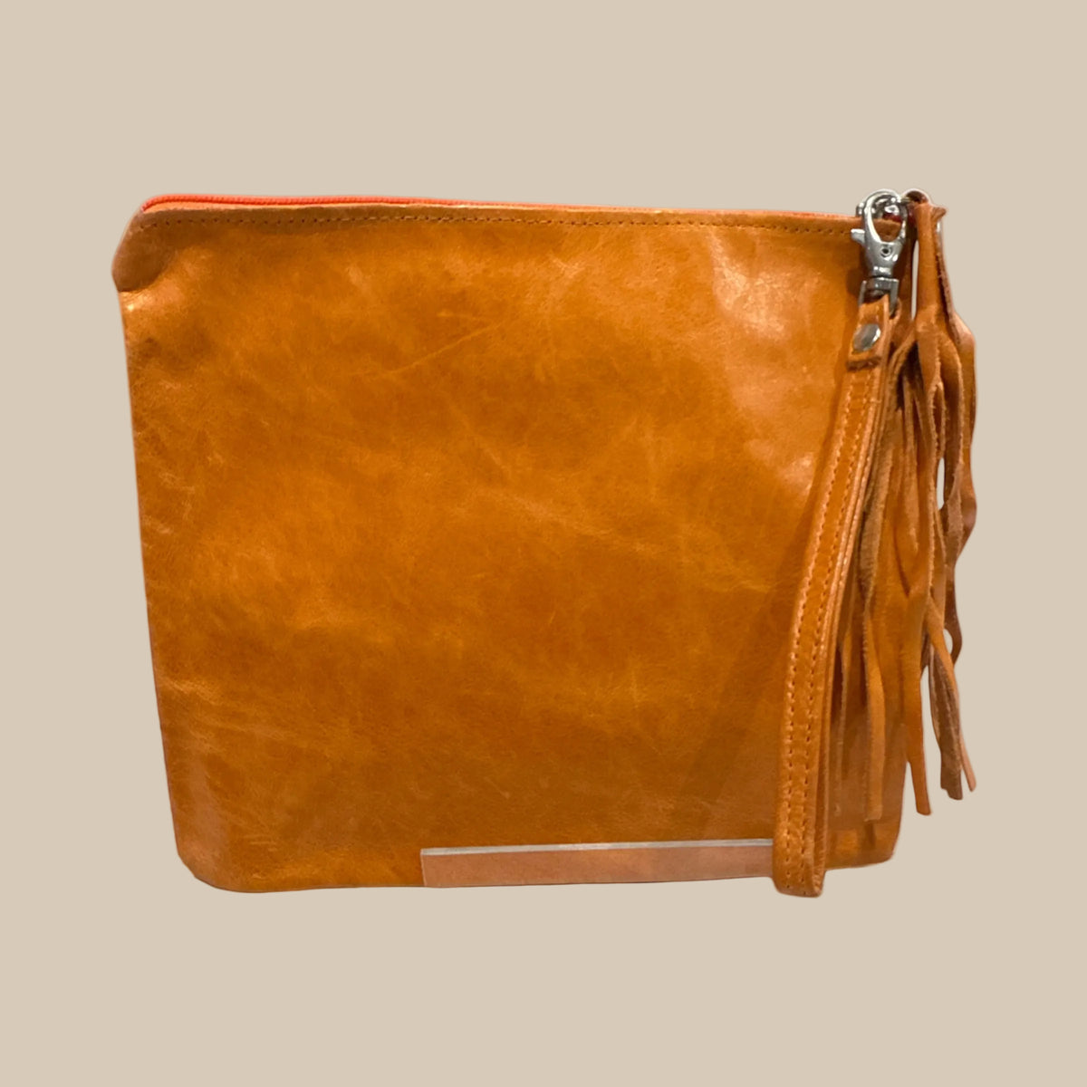 Orange Leather Square Clutch / Cosmetic Pouch
