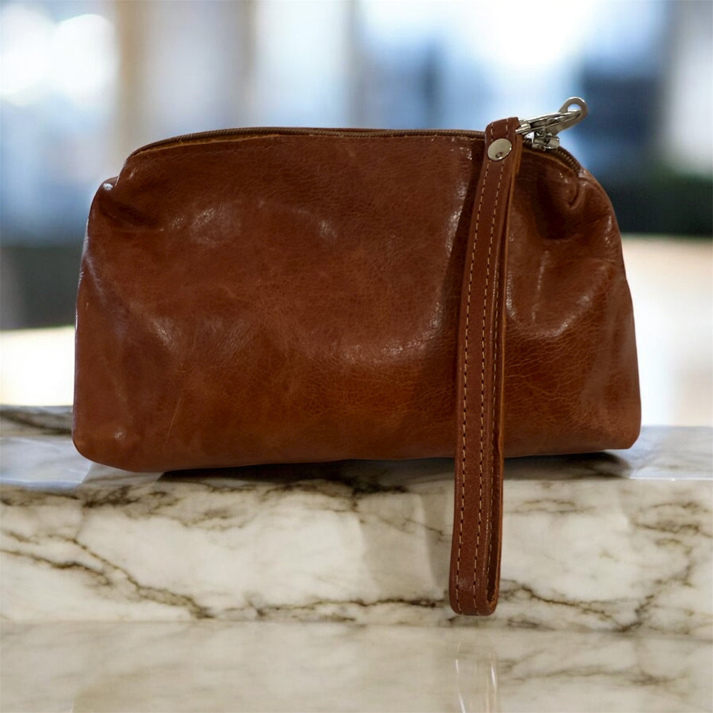 Tan/ Brown Leather Cosmetic Bag