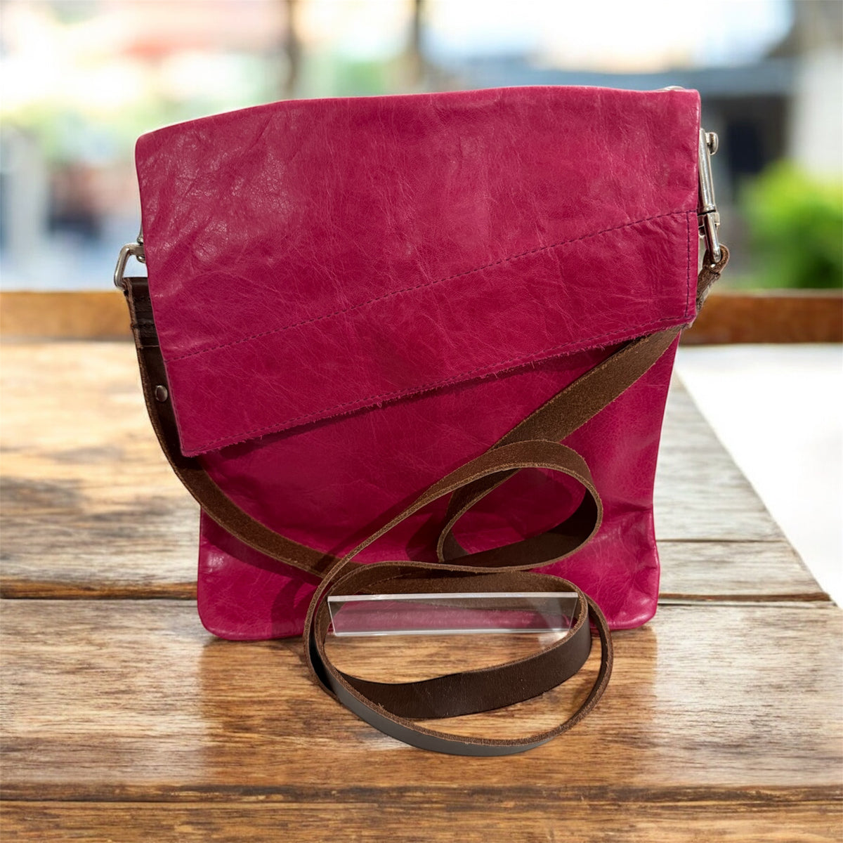 Fuchsia Pink Leather Crossbody Handbag