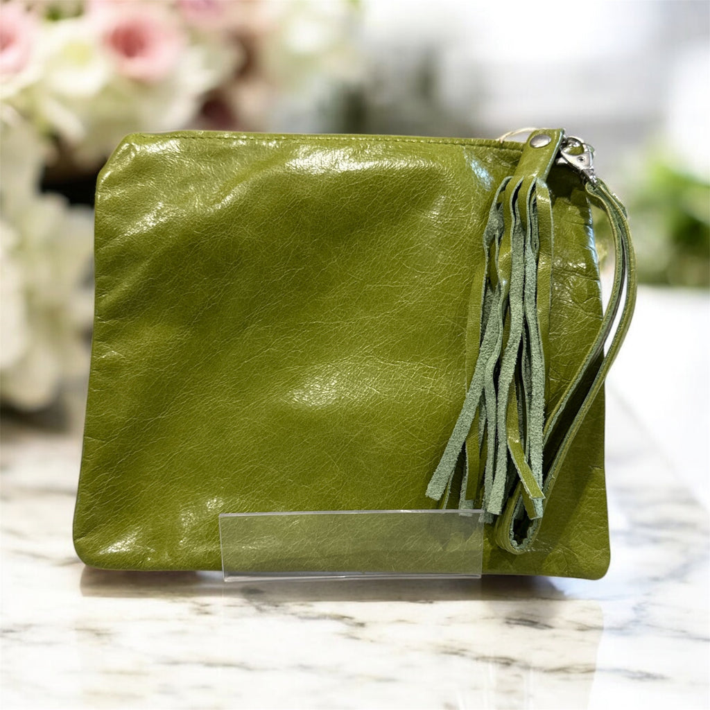 Lime Green Leather Square Clutch / Cosmetic Pouch