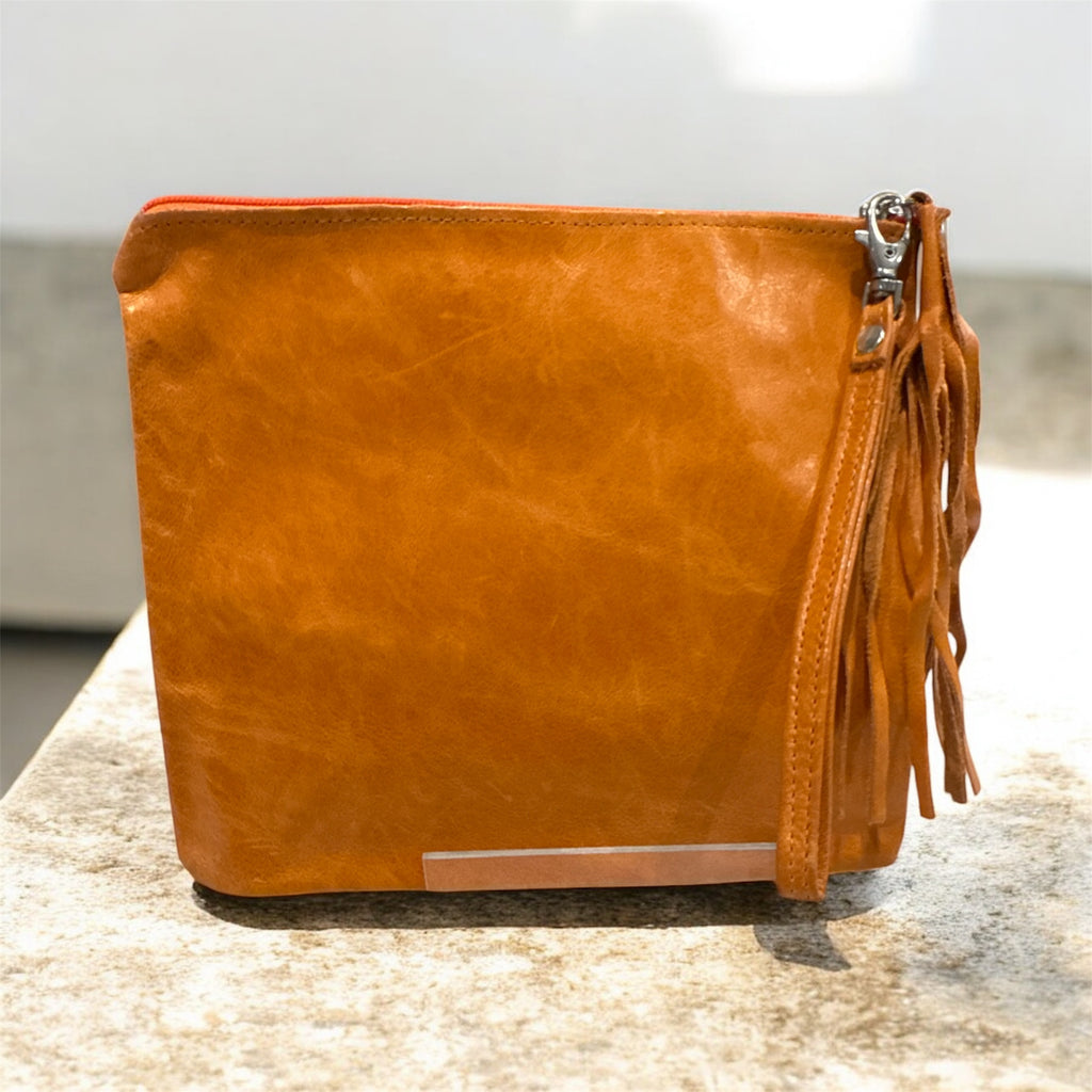 Orange Leather Square Clutch / Cosmetic Pouch